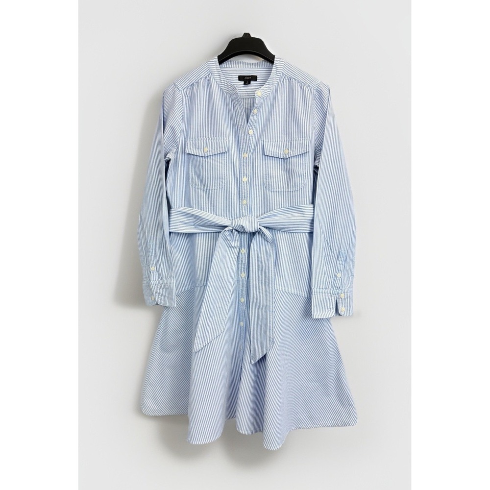 J. Crew Factory Light Blue and White Striped Belted Shirt Dress